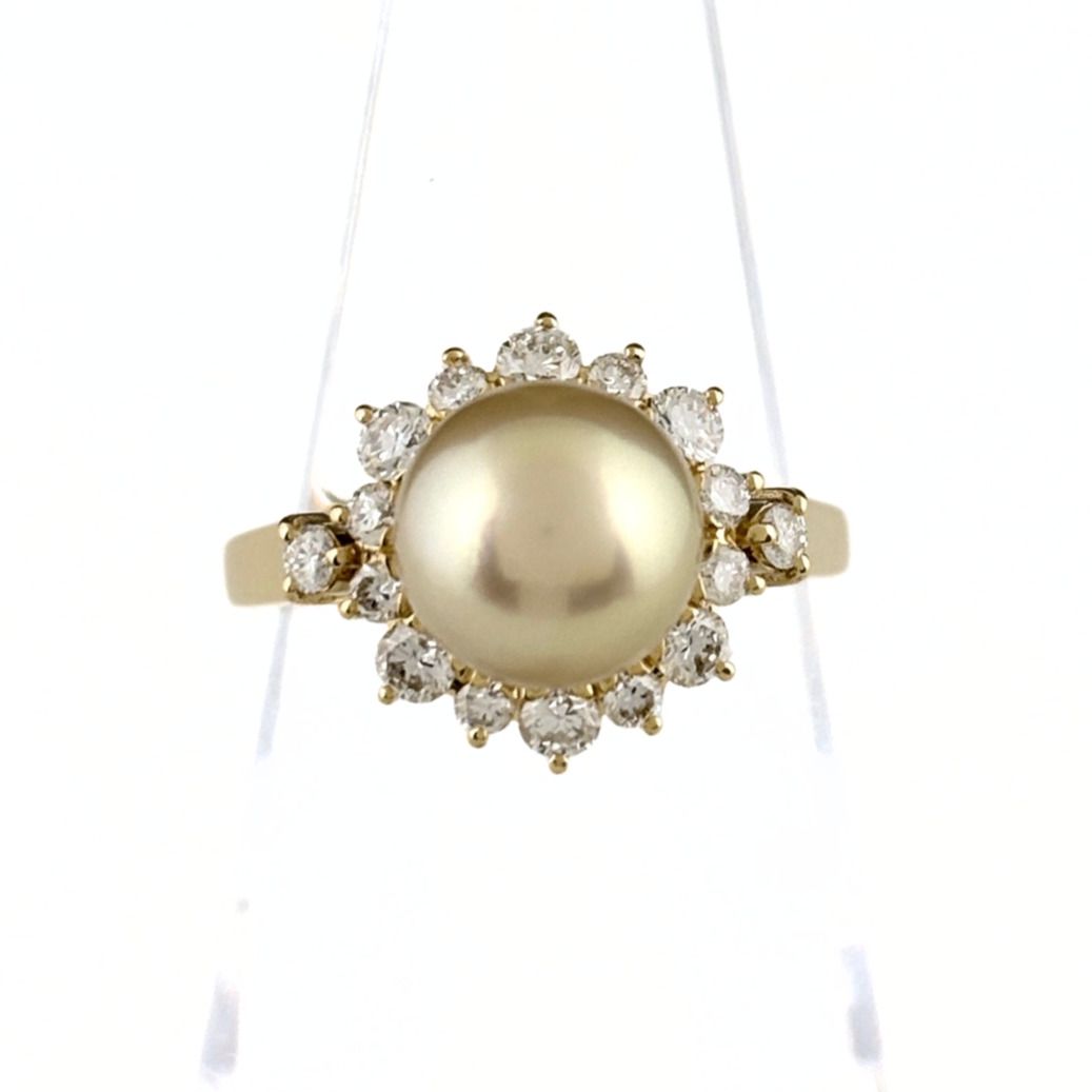 ミキモト MIKIMOTO パール リング YG イエローゴールド 指輪 メレダイヤ 真珠 リング 10号 K18 パール ダイヤモンド レディース 【中古】