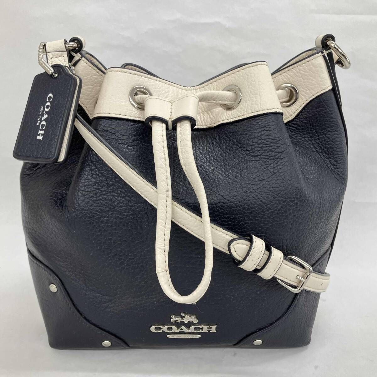 COACH コーチ C1681-F37682 ショルダーバッグ 巾着型 ネイビー×ホワイト バイカラー レザー レディースバッグ