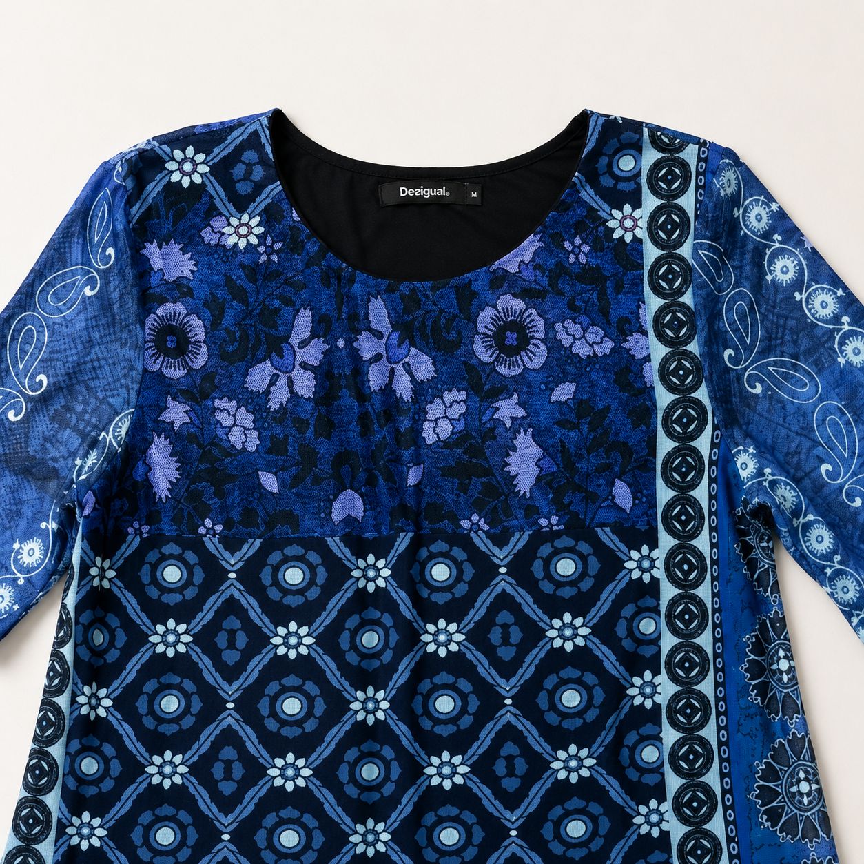 🍎SALE🍎Desigual デシグアル 総柄 切替 フレア ワンピース S ブルー
