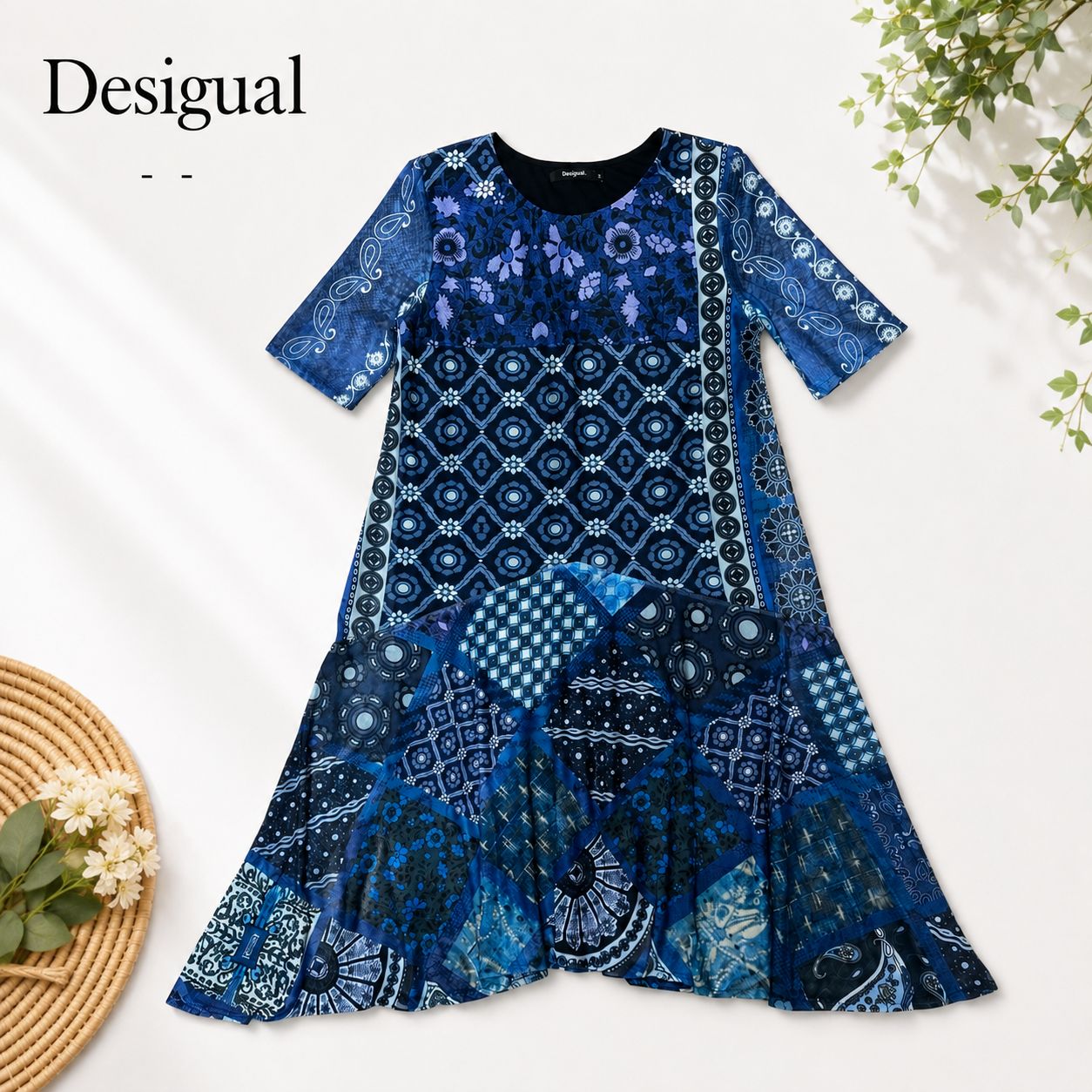 🍎SALE🍎Desigual デシグアル 総柄 切替 フレア ワンピース S ブルー