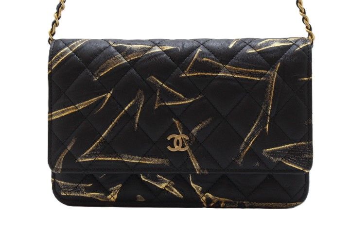 CHANEL シャネル マトラッセ アブストラクトプリント チェーンウォレット ショルダーバッグ レザー ブラック/ゴールドプリント/ゴールド金具 S ソルド刻印 レディース【中古】460