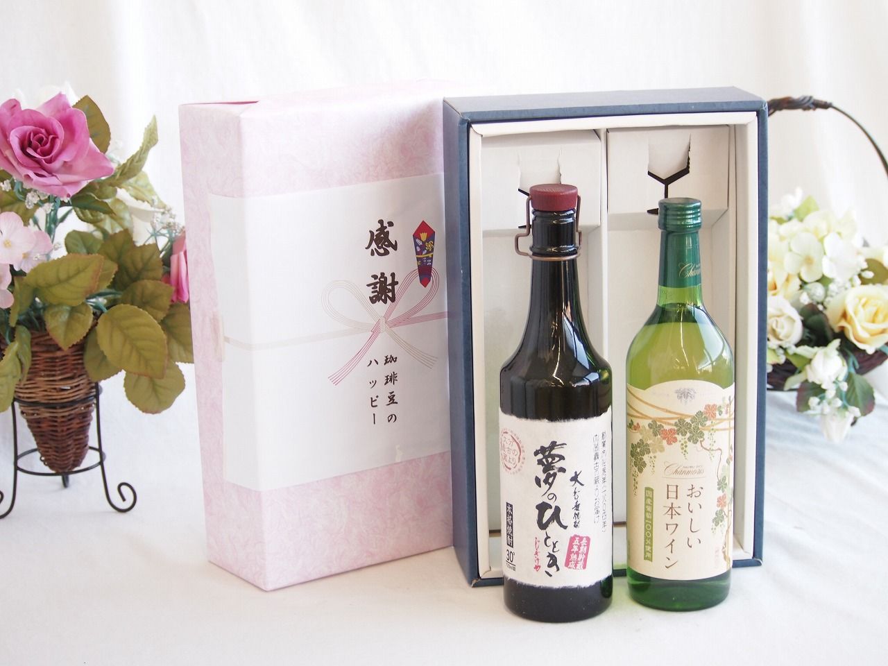 感謝の贈り物ボックス プレミアムな長期熟成麦焼酎と国産ワインセット(国産葡萄100％使用 おいしい日本ワイン 白ワイン やや辛口(山梨県)720ml夢のひととき長期貯蔵5年熟成麦焼酎(大分県)720ml