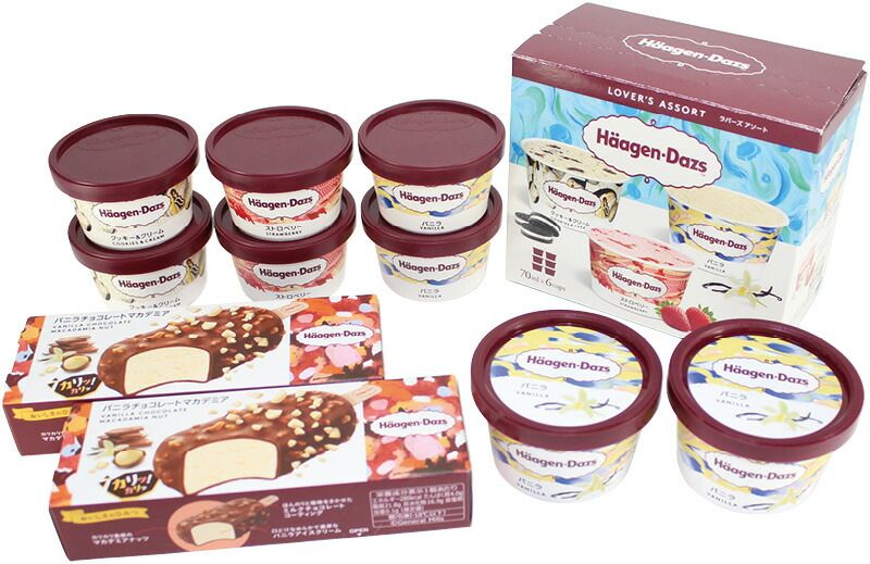 夏の贈り物お中元 スペシャルセット ハーゲンダッツ ミニカップ(バニラ)(110ml)・バー(バニラチョコレートマカデミア)(80ml)×各2、ラバーズアソート(バニラ・ストロベリー・クッキー&クリーム(各70ml×各2))×1