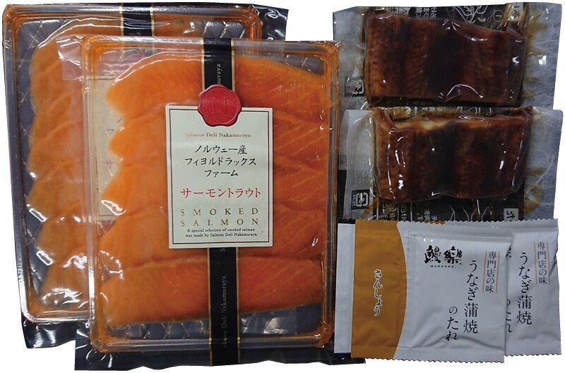 夏の贈り物お中元 鰻楽うなぎ蒲焼切身・中村屋スモークサーモン詰合せ うなぎ蒲焼(切身)・スモークサーモン(各50g)・山椒付きタレ×各2