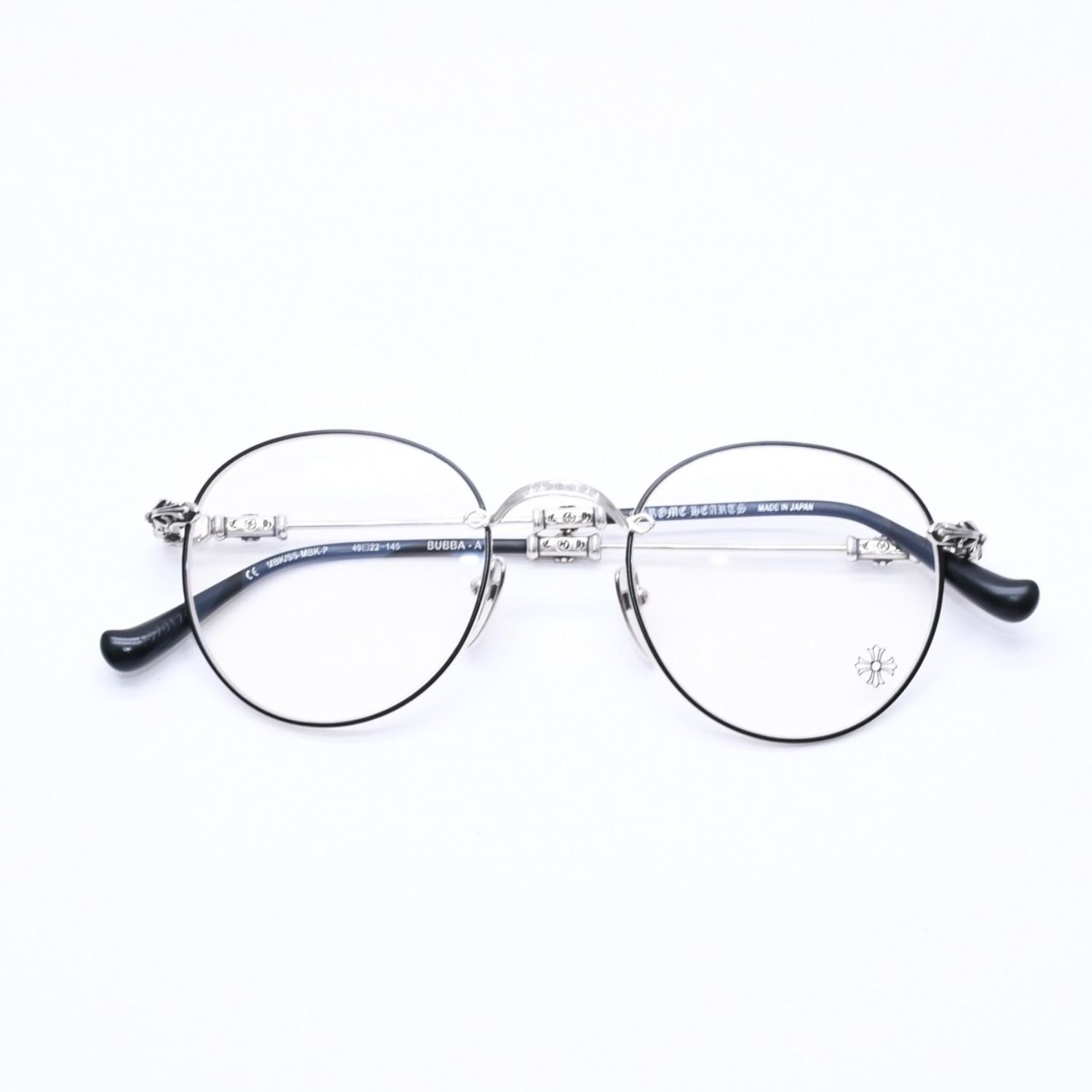 極美品 CHROME HEARTS クロムハーツ BUBBA-A 伊達メガネ MBK/SS-MBK-P サイズ49□22-145 フローラルクロス装飾 シルバー925 中古 4a004541