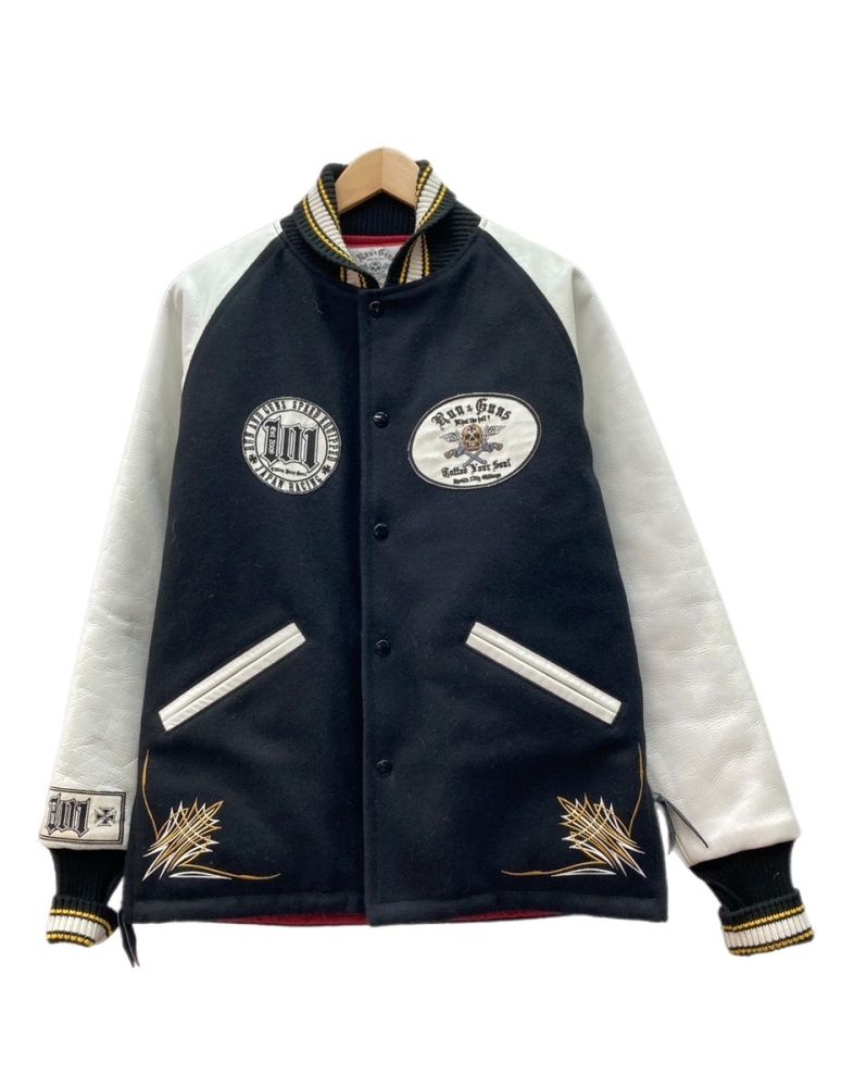 ランアンドガンズ Run & Guns Stadium Jacket スタジアム ジャケット ダブルジップ スタジャン ドクロ キルティング アウター 刺繍 黒 サイズ38 ジャケット ロゴ ブラック 104MT-3360
