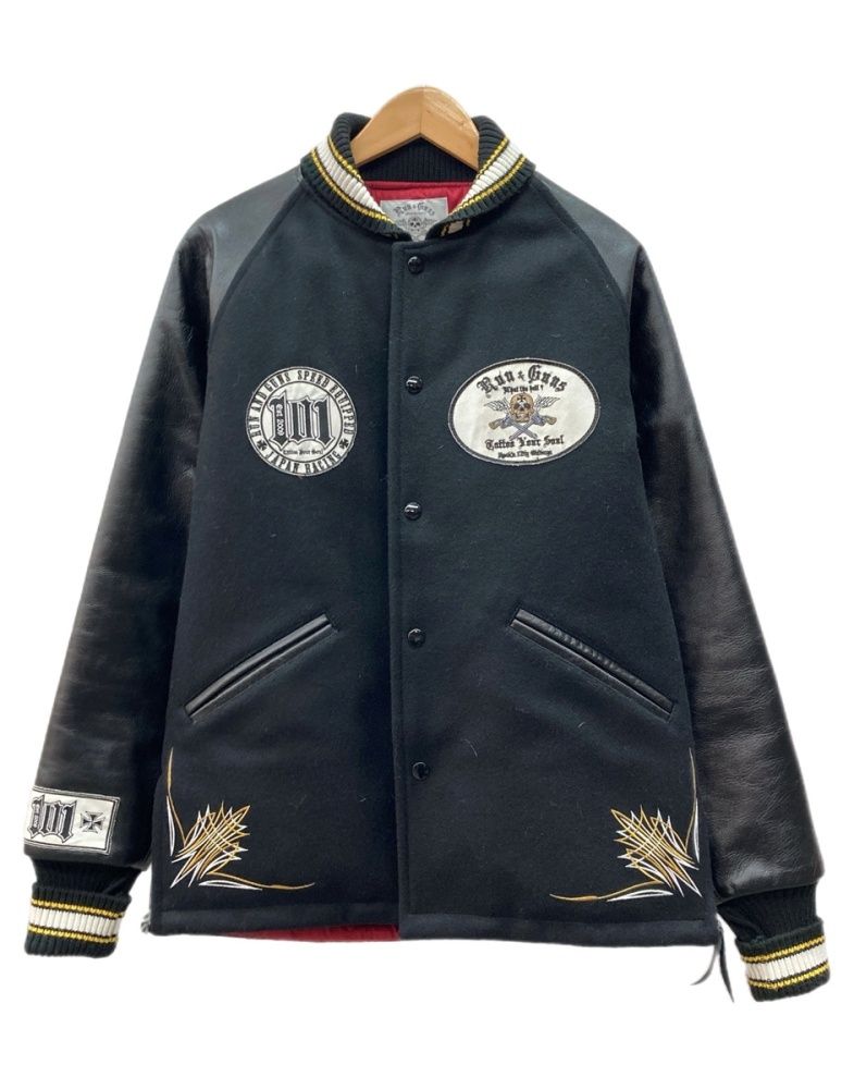 ランアンドガンズ Run & Guns Stadium Jacket スタジアム ジャケット ダブルジップ スタジャン ドクロ キルティング アウター 刺繍 黒 サイズ38 ジャケット ロゴ ブラック 104MT-3361