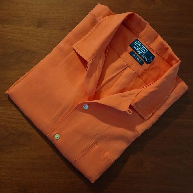 ヴィンテージ Used 美品 Ralph Lauren Caldwell Shirt Men's サイズL オレンジ シルクリネン ラルフローレン 半袖シャツ コールドウェル