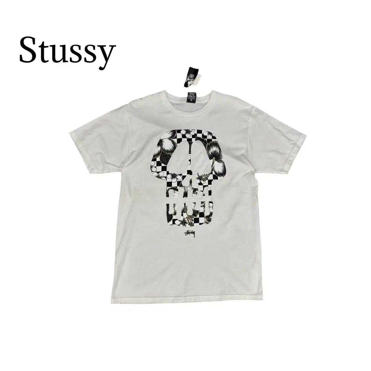 (90) STUSSY ステューシー 半袖 Tシャツ 白 ブラック ドクロ プリンティング