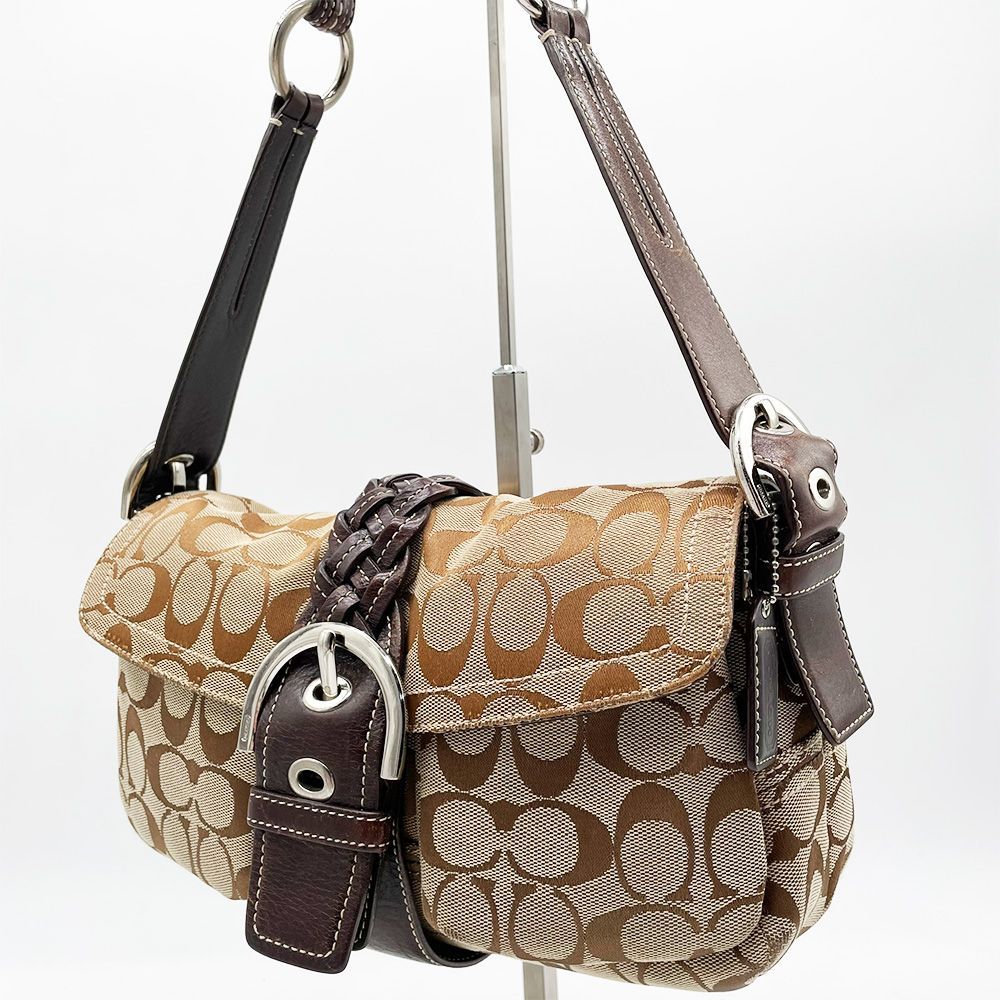 COACH コーチ SOHO ソーホー ワンショルダーバッグ ショルダーバッグ ブラウン キャンバス シグネチャー Y2K 編み込みベルト レザー シルバー金具 フラップ レディース 肩掛け カジュアル おしゃれ 人気 定番