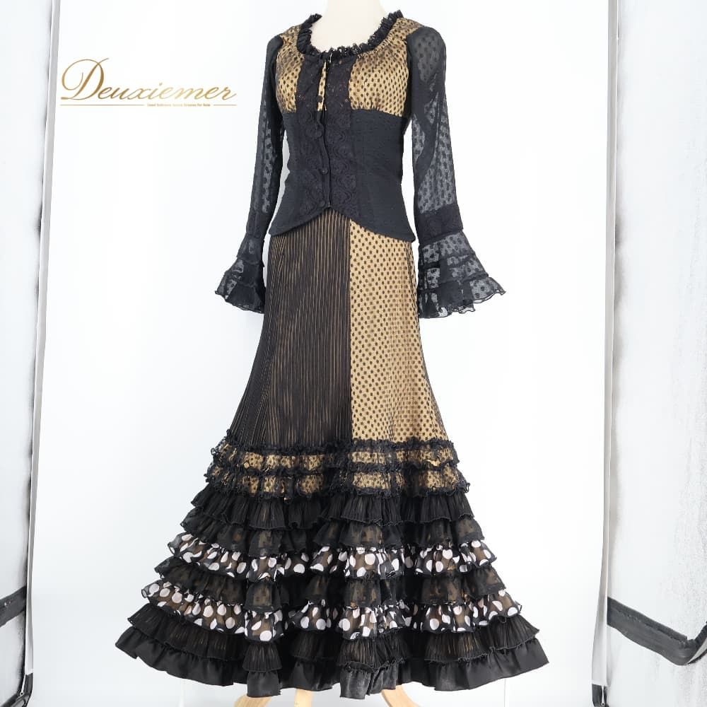 【美品 フラメンコ衣装】ブラック×ドットボランテ 上下セット ツーピース セット フラメンコ 衣装 SONIA JOHNES ソニアジョーンズ ツーピース