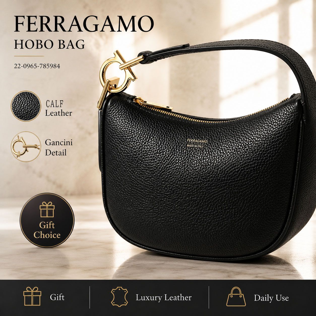 フェラガモ ガンチーニ ハラコ レザー ハンド バッグ ブラウン 黒 フラップ 新品 FERRAGAMO フェラガモ ホーボーバッグ XS ガンチーニ レザー