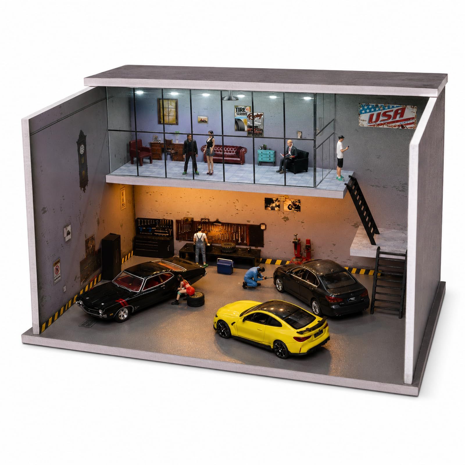 1/64 ジオラマ ガレージ 3色調光LED照明付 ミニカー ケース ミニカー 収納ガレージ ホットウィール用 トミカ用 駐車場 適用トミカ コレクションケース(American Workshop) (アメリカ式)AR b5f25e73