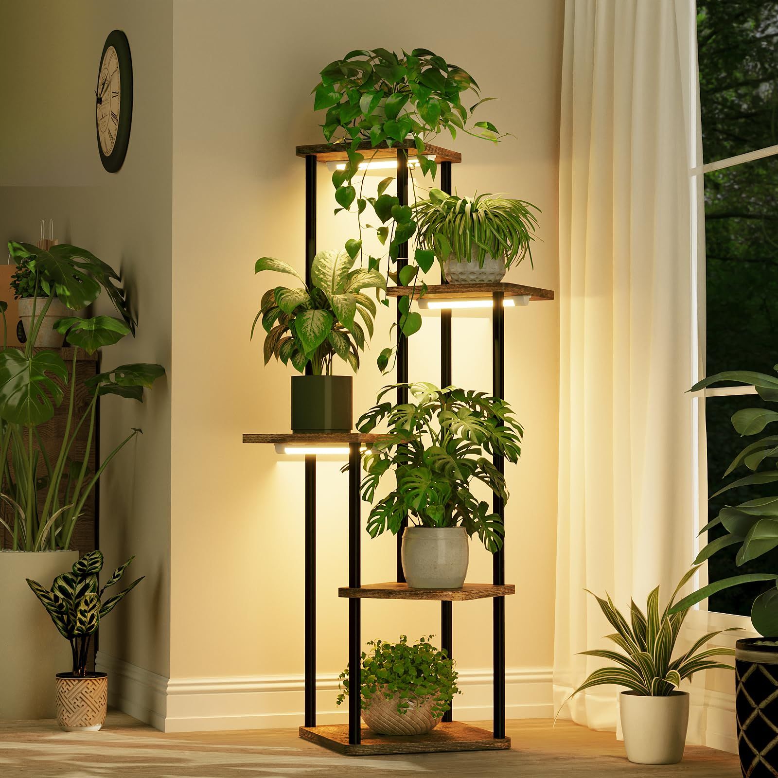 ☆新品☆Bamworld フラワースタンド 植物育成ライト付き フラワースタンド 室内 プランタースタンド 5段観葉植物 台 おしゃれ 植物 棚 植木鉢台 プランターラック リビング 寝室 ベランダ 5036f459