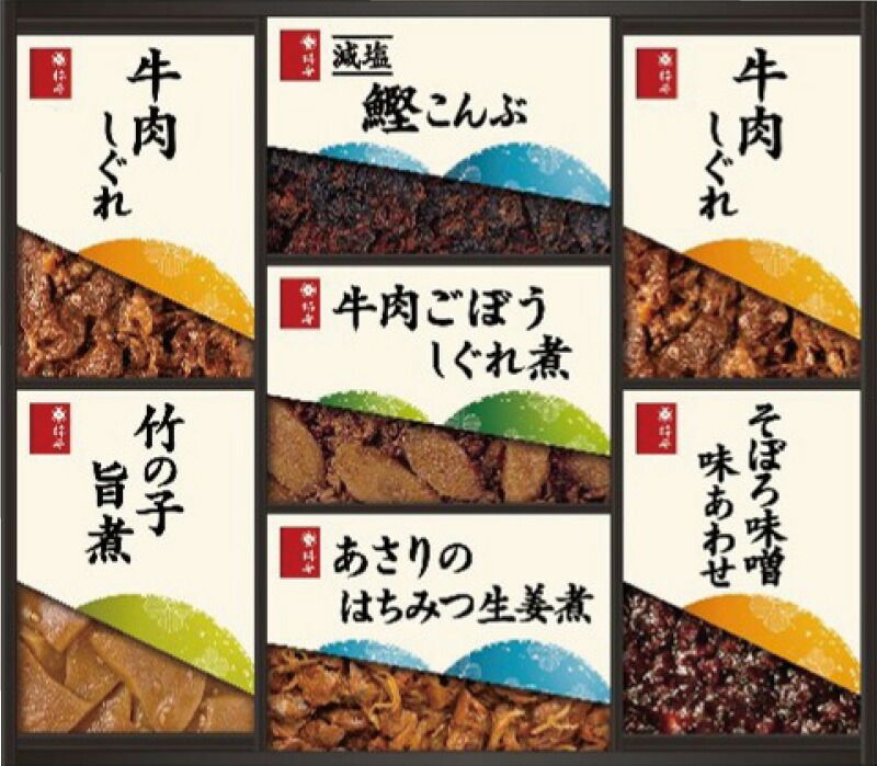夏の贈り物お中元 料亭しぐれ煮詰合せ 柿安本店 牛肉しぐれ(50g)×2、そぼろ味噌味あわせ(90g)・牛肉ごぼうしぐれ煮・減塩鰹こんぶ・竹の子旨煮(各50g)・あさりのはちみつ生姜煮(40g)×各1