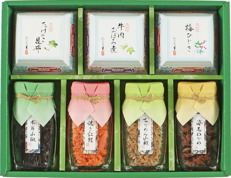 夏の贈り物お中元 京楽味 京・料亭 わらびの里 海老わかめ（65g）・木耳山椒（55g）牛肉おぼろ煮・梅ひじき・たけのこ昆布（各50g）・焼き紅鮭（43g）・ちりめん山椒（30g）×各1