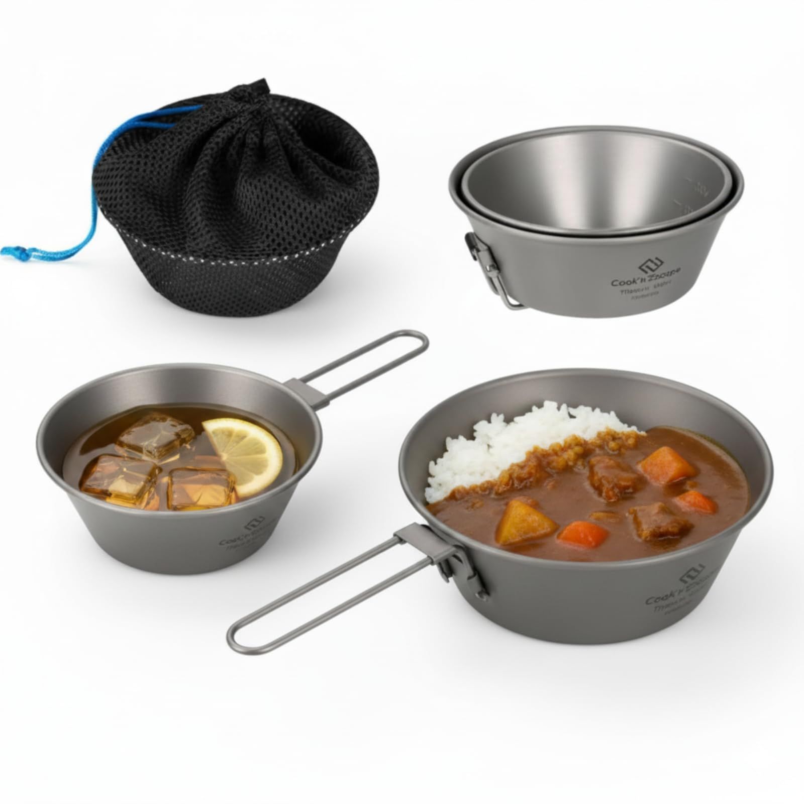 COOK'N'ESCAPE シェラカップ チタン 2点セット 300ml ＋ 450ml 直火対応 純チタン製 超軽量 折りたたみ可 スタッキング可能 金属アレルギー対応 収納袋付き 登山 軽量食器 キャンプ アウトドア 食器セット 防災 ラ 806f5605
