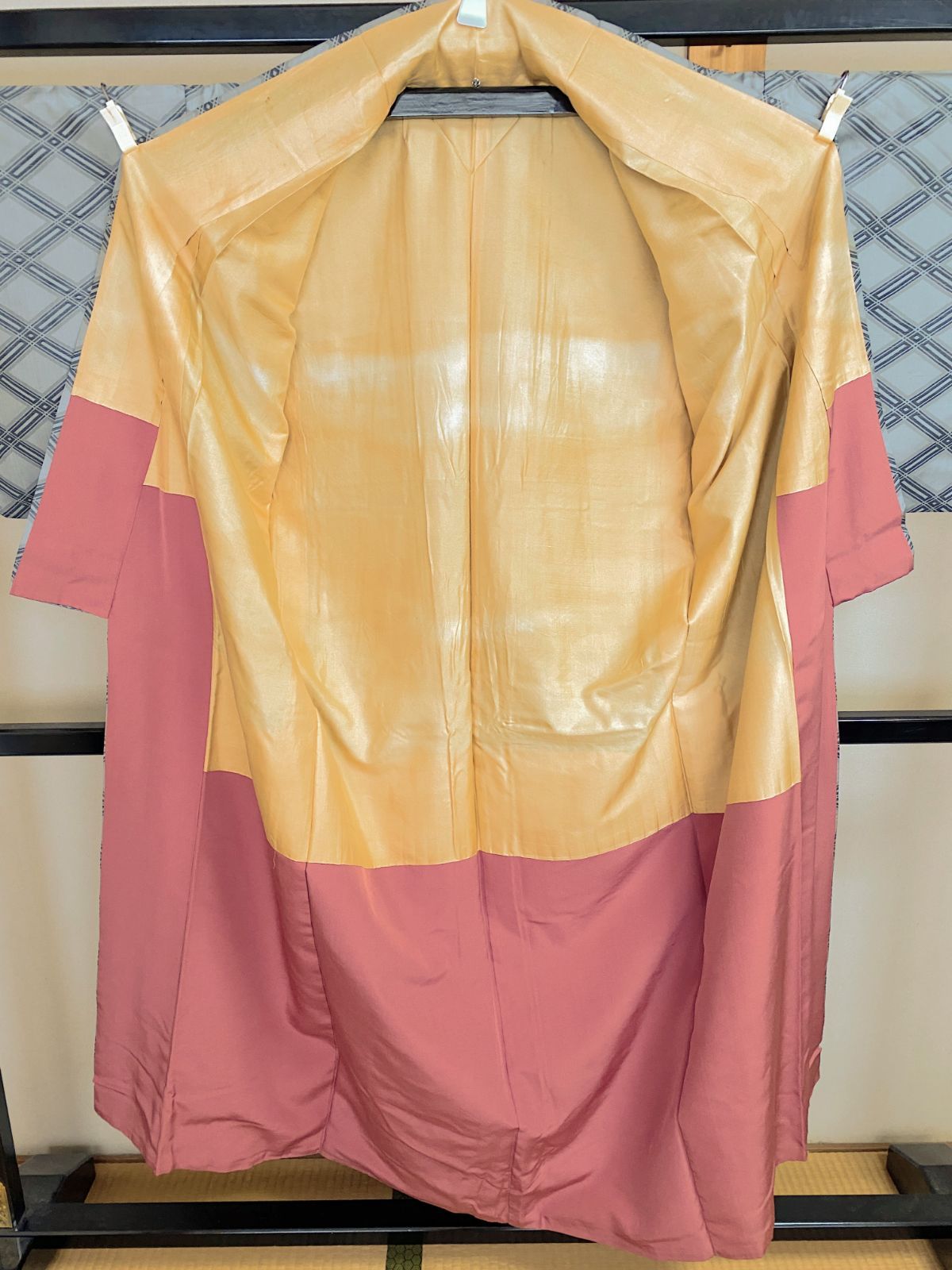746B【アンティーク着物】正絹？？ 袷 紺鼠色 格子菱文 女性用