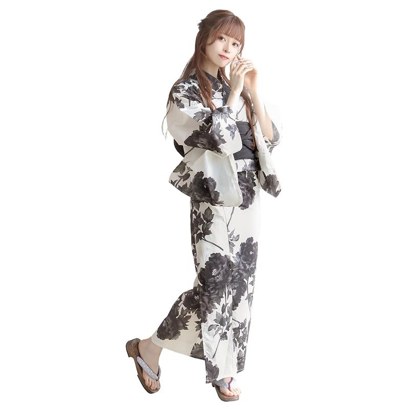 【新品】 [KYOETSU] [キョウエツ] 浴衣セット 変わり織 生成り 2点セット(浴衣、兵児帯) レディース A (瀟洒水墨牡丹, フリーサイズ)
