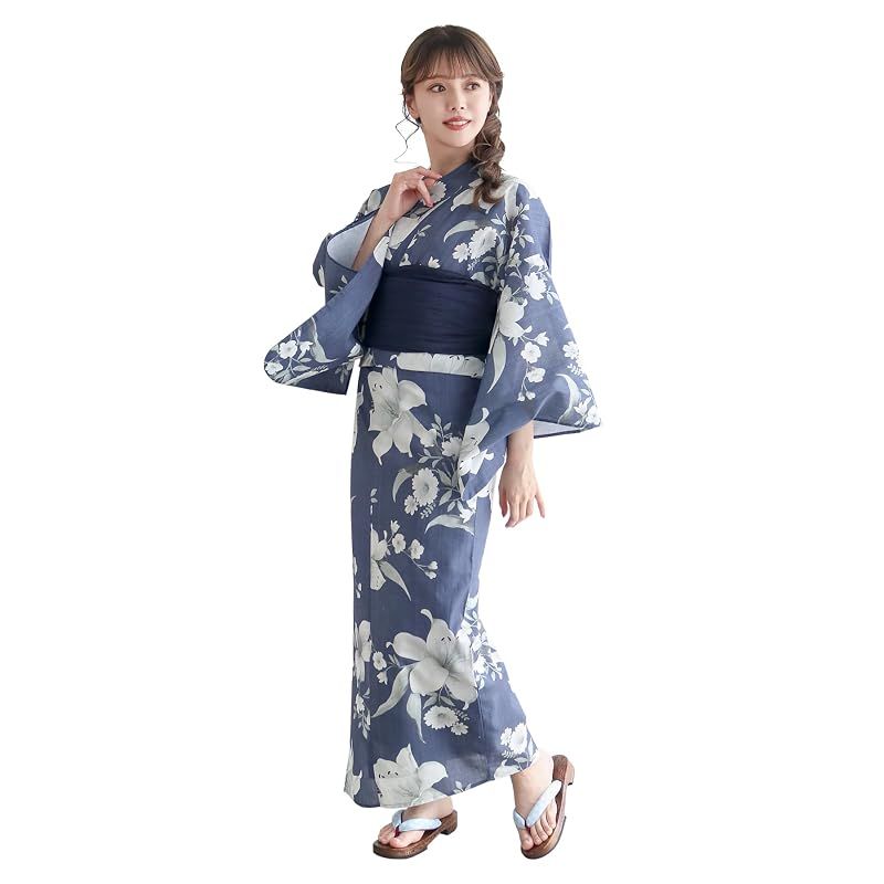 【新品】 [KYOETSU] [キョウエツ] 浴衣セット 変わり織 生成り 2点セット(浴衣、兵児帯) レディース A (百合小花の宵纏い, フリーサイズ)
