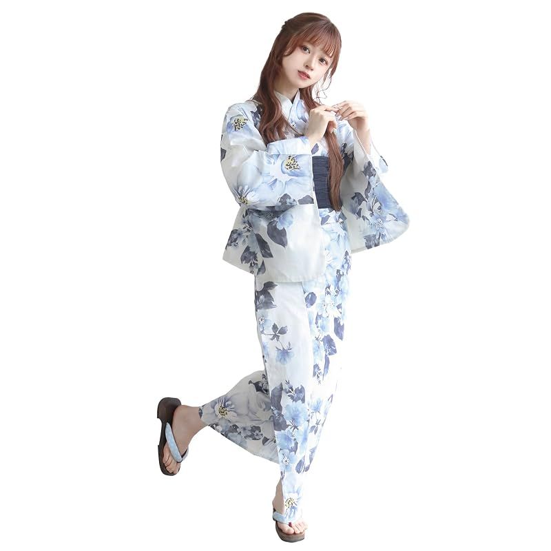 【新品】 [KYOETSU] [キョウエツ] 浴衣セット 変わり織 生成り 二部式 3点セット(浴衣、兵児帯、下駄) レディース AB (9.アイスフラワー, フリーサイズ)