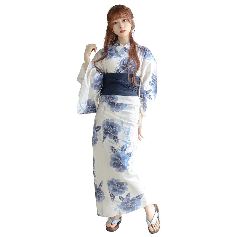 【新品】 [KYOETSU] [キョウエツ] 浴衣セット 変わり織 生成り 6点セット(浴衣、兵児帯、肌着、下駄、腰紐) レディース F (8.静寂に薄花桜, フリーサイズ)