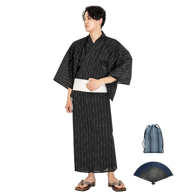 【新品】 [KYOETSU] [キョウエツ] 浴衣 メンズ セット しじら C ゆかた 黒 紺 おしゃれ 綿 男性 6点セット (10.縞×黒(ワンタッチ白), M)
