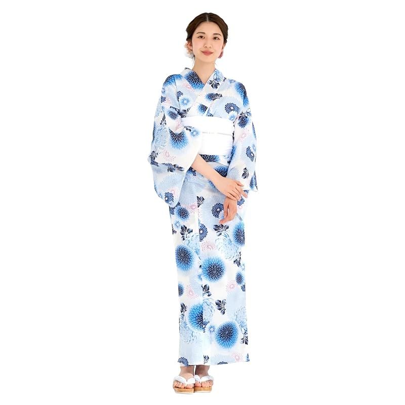 【新品】 [NISHIORI] 綿麻 レディース浴衣2点セット（浴衣＋しわ兵児帯）夏祭り 花火大会 コーディネート済み 10種類 フリーサイズ (No2, Free)