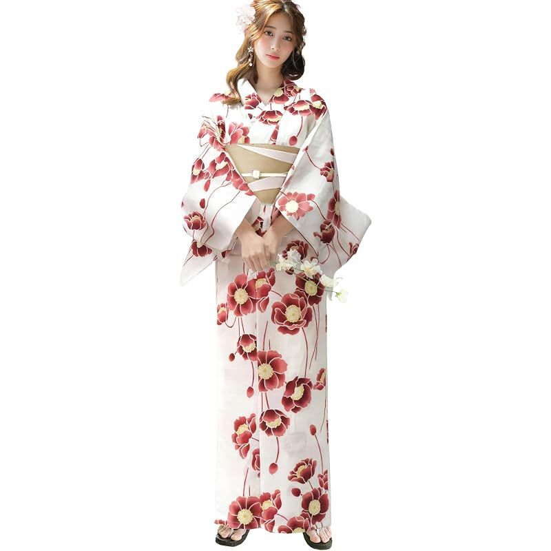 【新品】 [Aletta domani] 浴衣 レディース 2点セット 浴衣帯 セット 高見え 半幅帯 リバーシブル 綿100％ 簡単 レトロ 可愛い 安い 古典柄 花火大会 風のアネモネ オフホワイト ベージュ 赤 白茶