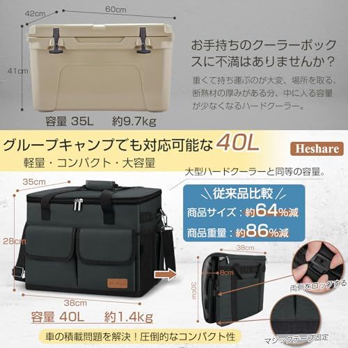 [Heshare] クーラーボックス 40L大容量 仕切り板付き 5層断熱構造 保冷力最強 保冷バッグ 折り畳み収納可能 ソフトクーラー 保温 保冷 防水 耐摩耗 軽量 自立 水漏れ防止 クーラーバッグ キャンプ/釣り/BBQ/ピクニック/運 6d42d659