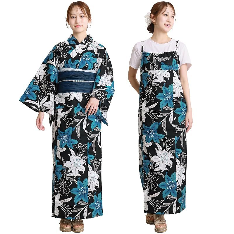 【新品】 [ON NISHIKI] 浴衣 レディース セパレート (ワンピース＋上衣＋帯) 3点セット 綿100％ 変わり織 (ML/LL) 選べるサイズ 簡単着付け 2WAY 二部式 兵児帯 大人用 レトロ 和柄 大きいサイズ (兵児帯:ﾈｲﾋﾞｰ_百合:1