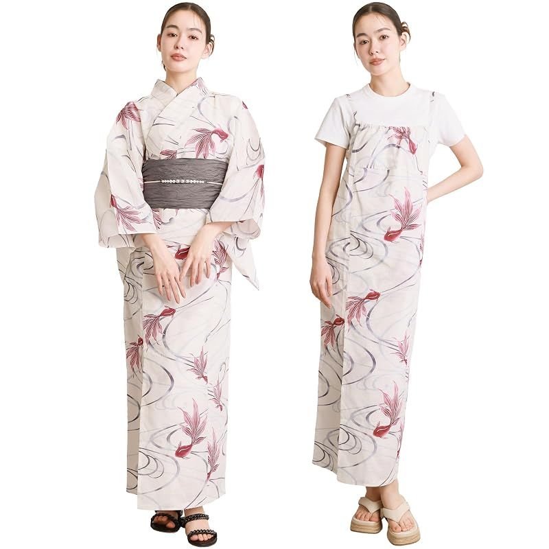 【新品】 [ON NISHIKI] 浴衣 レディース セパレート (ワンピース＋上衣＋帯) 3点セット 綿100％ 変わり織 (ML/LL) 選べるサイズ 簡単着付け 2WAY 二部式 兵児帯 大人用 レトロ 和柄 大きいサイズ (兵児帯:ｸﾞﾚｰ_金魚:18