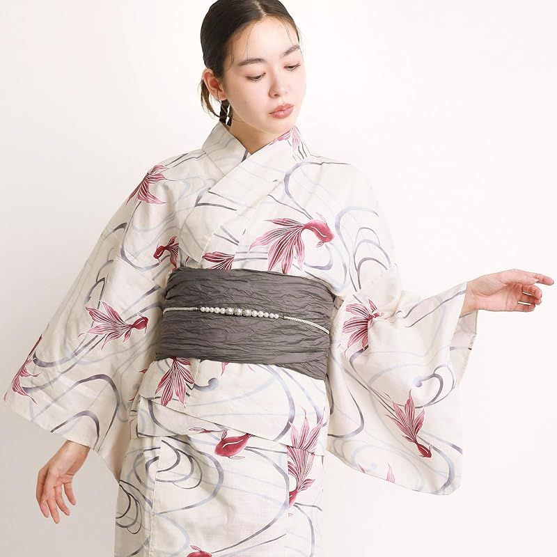 【新品】 [ON NISHIKI] 浴衣 レディース セパレート (ワンピース＋上衣＋帯) 3点セット 綿100％ 変わり織 (ML/LL) 選べるサイズ 簡単着付け 2WAY 二部式 兵児帯 大人用 レトロ 和柄 大きいサイズ (兵児帯:ｸﾞﾚｰ_金魚:18