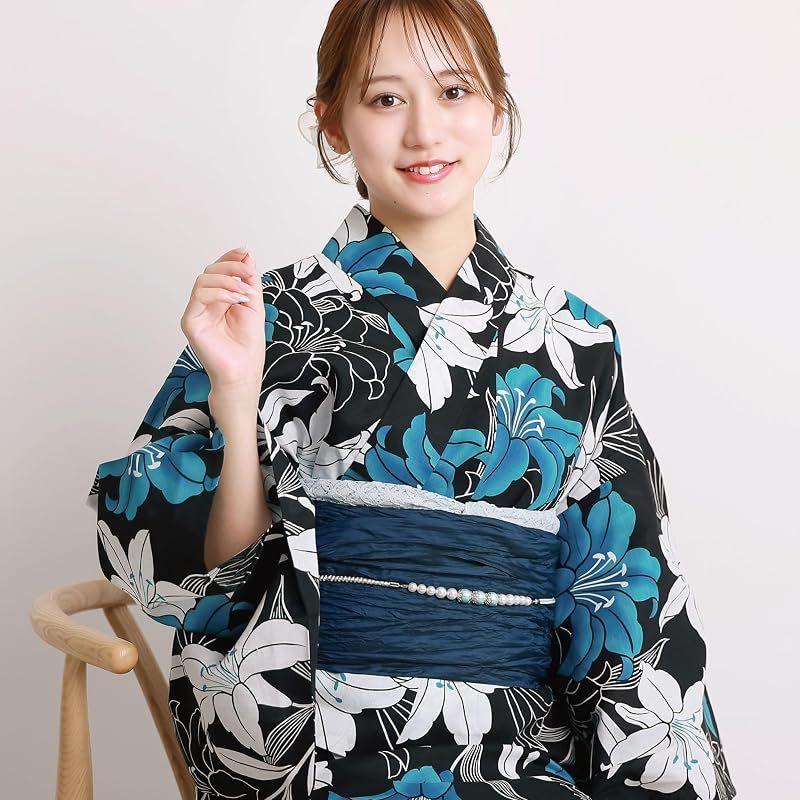 【新品】 [ON NISHIKI] 浴衣 レディース セパレート (ワンピース＋上衣＋帯) 3点セット 綿100％ 変わり織 (ML/LL) 選べるサイズ 簡単着付け 2WAY 二部式 兵児帯 大人用 レトロ 和柄 大きいサイズ (兵児帯:ﾈｲﾋﾞｰ_百合:1