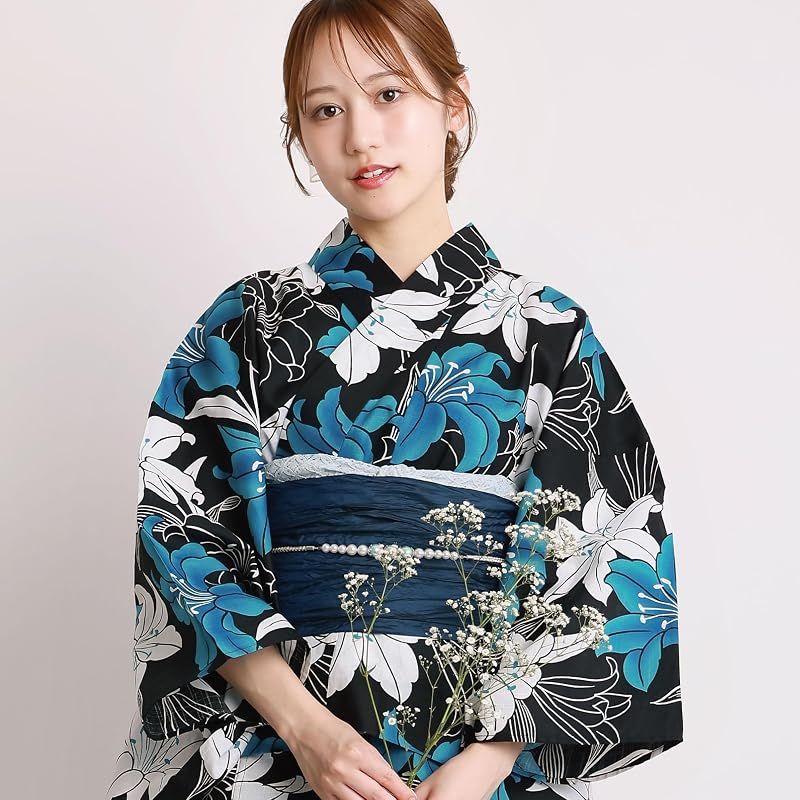 【新品】 [ON NISHIKI] 浴衣 レディース セパレート (ワンピース＋上衣＋帯) 3点セット 綿100％ 変わり織 (ML/LL) 選べるサイズ 簡単着付け 2WAY 二部式 兵児帯 大人用 レトロ 和柄 大きいサイズ (兵児帯:ﾈｲﾋﾞｰ_百合:1