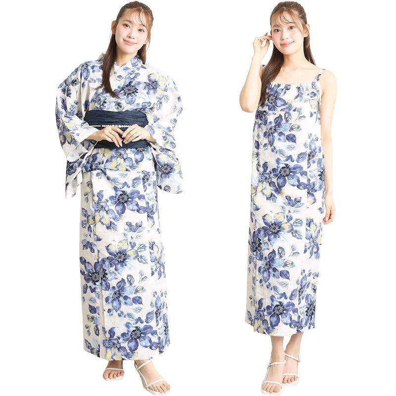 【新品】 [ON NISHIKI] 浴衣 レディース セパレート (ワンピース＋上衣＋帯) 3点セット 綿100％ 変わり織 (ML/LL) 選べるサイズ 簡単着付け 2WAY 二部式 兵児帯 大人用 レトロ 和柄 大きいサイズ (兵児帯:ﾈｲﾋﾞｰ_水彩鉄線