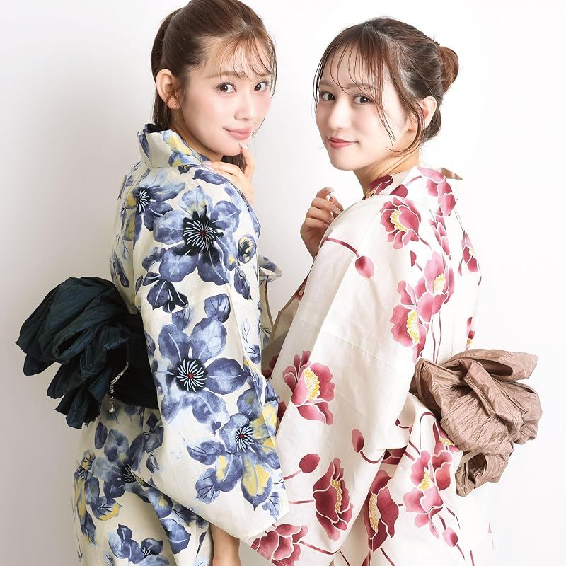 【新品】 [ON NISHIKI] 浴衣 レディース セパレート (ワンピース＋上衣＋帯) 3点セット 綿100％ 変わり織 (ML/LL) 選べるサイズ 簡単着付け 2WAY 二部式 兵児帯 大人用 レトロ 和柄 大きいサイズ (兵児帯:ﾈｲﾋﾞｰ_水彩鉄線