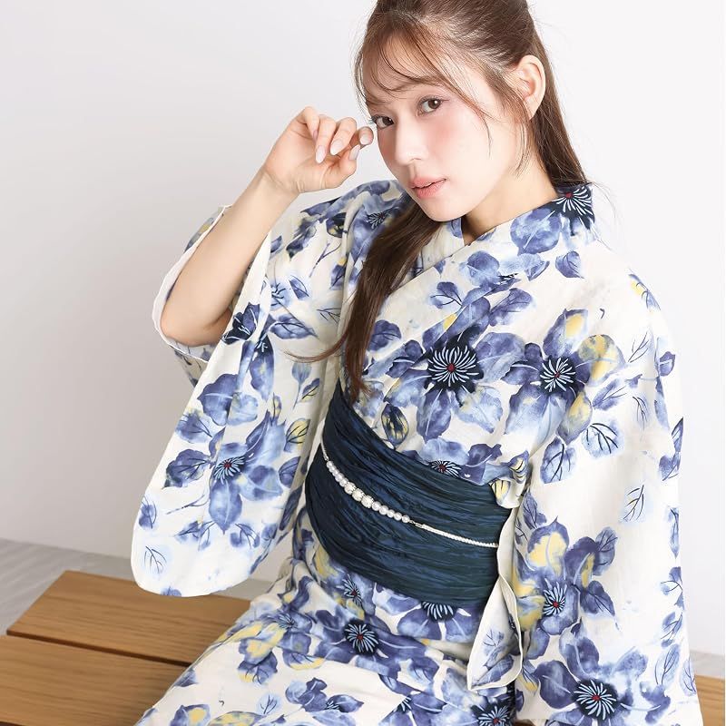 【新品】 [ON NISHIKI] 浴衣 レディース セパレート (ワンピース＋上衣＋帯) 3点セット 綿100％ 変わり織 (ML/LL) 選べるサイズ 簡単着付け 2WAY 二部式 兵児帯 大人用 レトロ 和柄 大きいサイズ (兵児帯:ﾈｲﾋﾞｰ_水彩鉄線