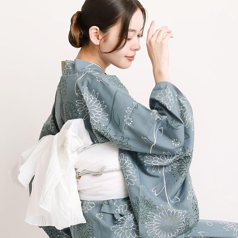 【新品】 [ON NISHIKI] 浴衣 レディース セパレート (ワンピース＋上衣＋帯) 3点セット 簡単着付け 吸水速乾 CoolPass素材 2WAY 二部式 兵児帯 大人用 フリーサイズ (ﾌﾞﾙｰｸﾞﾚｰに菊-6A/kww001)