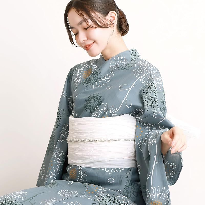 【新品】 [ON NISHIKI] 浴衣 レディース セパレート (ワンピース＋上衣＋帯) 3点セット 簡単着付け 吸水速乾 CoolPass素材 2WAY 二部式 兵児帯 大人用 フリーサイズ (ﾌﾞﾙｰｸﾞﾚｰに菊-6A/kww001)