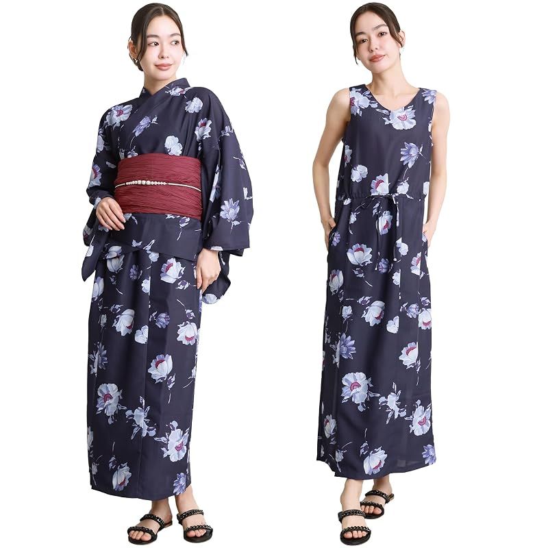 【新品】 [ON NISHIKI] 浴衣 レディース セパレート (ワンピース＋上衣＋帯) 3点セット 簡単着付け 吸水速乾 CoolPass素材 2WAY 二部式 兵児帯 大人用 フリーサイズ (ﾈｲﾋﾞｰにｱﾈﾓﾈ-7A/kww001)
