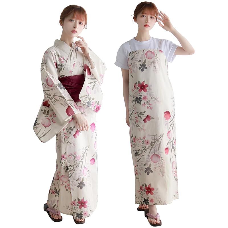 【新品】 [キョウエツ] 浴衣セット 変わり織 生成り ワンピース 2点セット(浴衣、兵児帯) レディース (8.スイートブーケ, フリーサイズ)