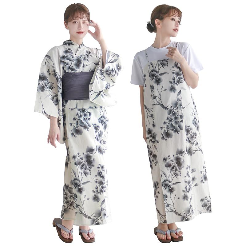 【新品】 [KYOETSU] [キョウエツ] 浴衣セット 変わり織 生成り ワンピース 2点セット(浴衣、兵児帯) レディース A (練色に水墨蘭, フリーサイズ)