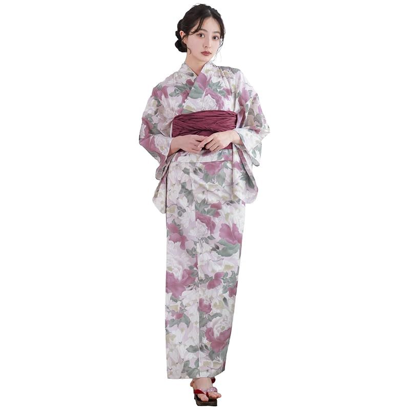 【新品】 [KYOETSU] [キョウエツ] 浴衣セット 変わり織 生成り 二部式 3点セット(浴衣、兵児帯、下駄) レディース AB (ロゼマグノリア, フリーサイズ)