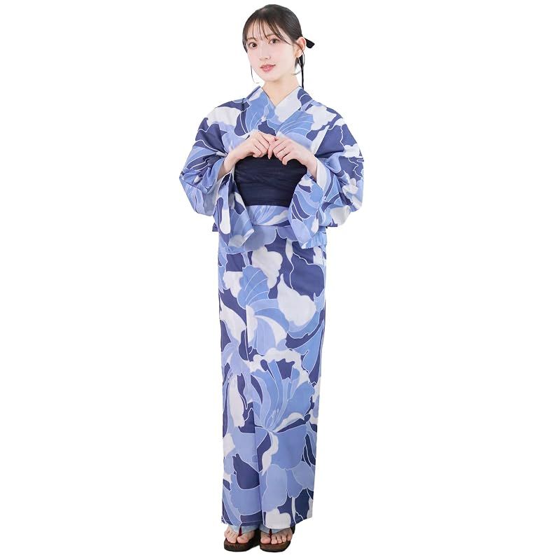 【新品】 [KYOETSU] [キョウエツ] 浴衣セット 変わり織 生成り 二部式 3点セット(浴衣、兵児帯、下駄) レディース AB (青彩花画, フリーサイズ)