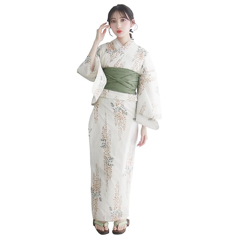 【新品】 [KYOETSU] [キョウエツ] 浴衣セット 変わり織 生成り 2点セット(浴衣、兵児帯) レディース A (黄金時雨, フリーサイズ)