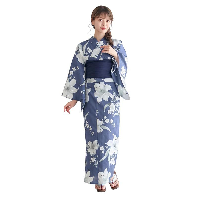 【新品】 [KYOETSU] [キョウエツ] 浴衣セット 変わり織 生成り 6点セット(浴衣、兵児帯、肌着、下駄、腰紐) レディース F (11.百合小花の宵纏い, フリーサイズ)