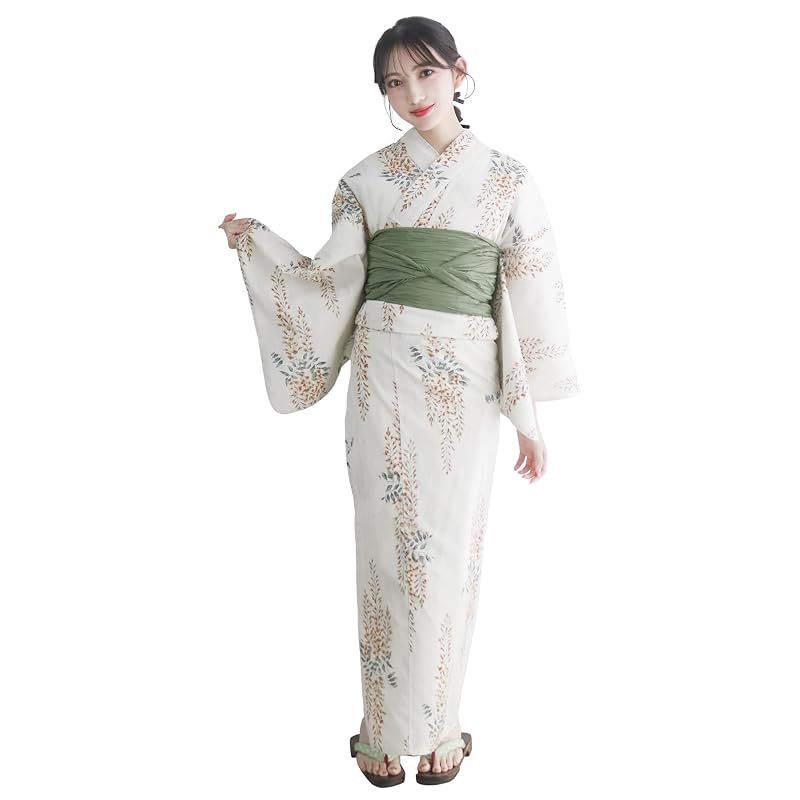 【新品】 [KYOETSU] [キョウエツ] 浴衣セット 変わり織 生成り 6点セット(浴衣、兵児帯、肌着、下駄、腰紐) レディース F (3.黄金時雨, フリーサイズ)