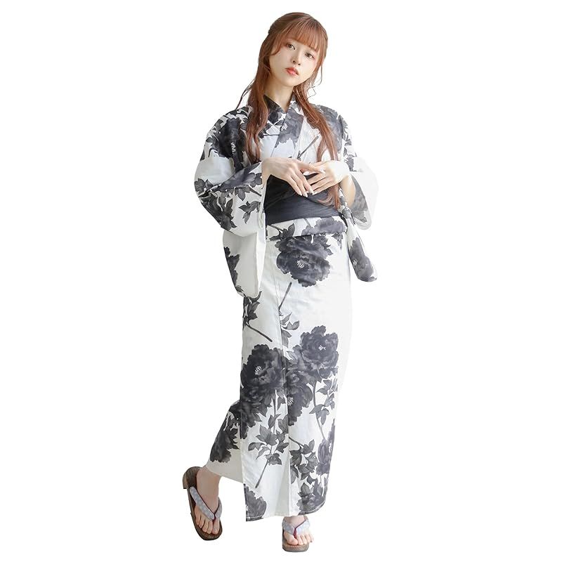 【新品】 [KYOETSU] [キョウエツ] 浴衣セット 変わり織 生成り 6点セット(浴衣、兵児帯、肌着、下駄、腰紐) レディース F (4.瀟洒水墨牡丹, フリーサイズ)