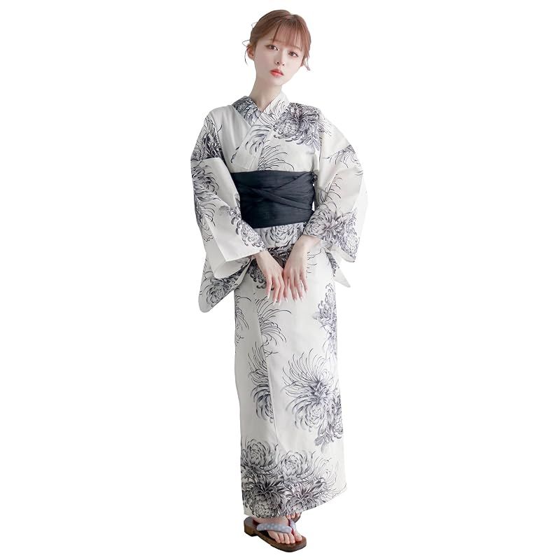 【新品】 [KYOETSU] [キョウエツ] 浴衣セット 変わり織 生成り 6点セット(浴衣、兵児帯、肌着、下駄、腰紐) レディース F (1.菊花の陰影, フリーサイズ)